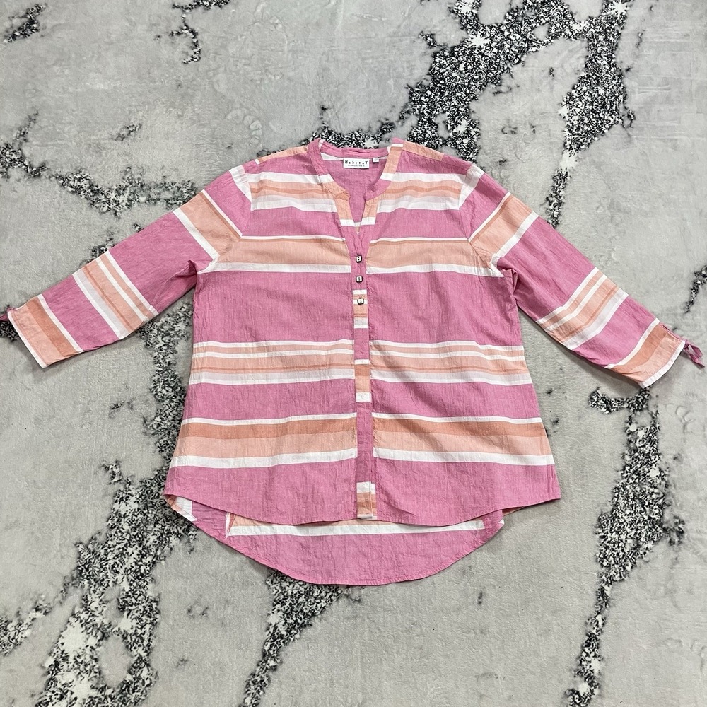 Habitat Linen Blend Top Womens Sz Large Pink Stripe Roll Tab Button Front Shirt